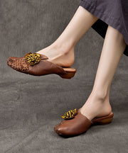 Coffee Cowhide Leather Vintage Floral Splicing Slide Sandals