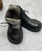 Chocolate Cowhide Leather Zippered Boots Warm Fleece Ankle Boots