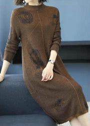 Coffee Cozy Cotton Knit Long Dress Turtleneck Long Sleeve