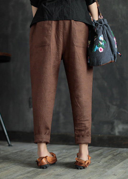 Coffee Elastic Waist Solid Linen Crop Pants