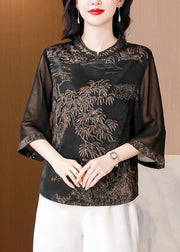 Coffee Embroidered Print Silk Shirt Stand Collar Summer