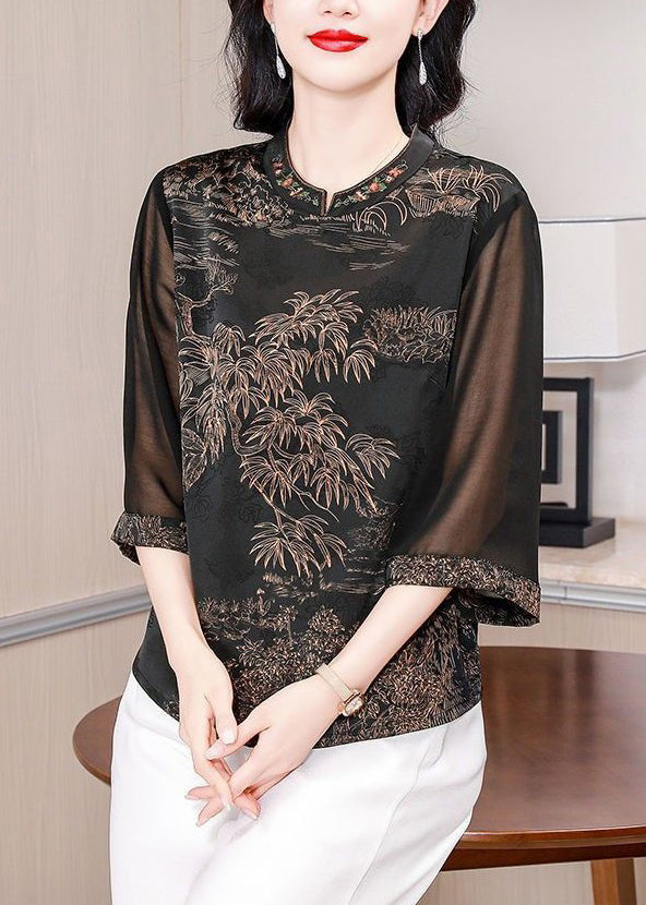 Coffee Embroidered Print Silk Shirt Stand Collar Summer