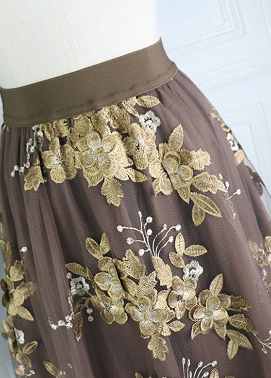 Chocolate Embroideried Floral High Waist Tulle A Line Skirt Spring