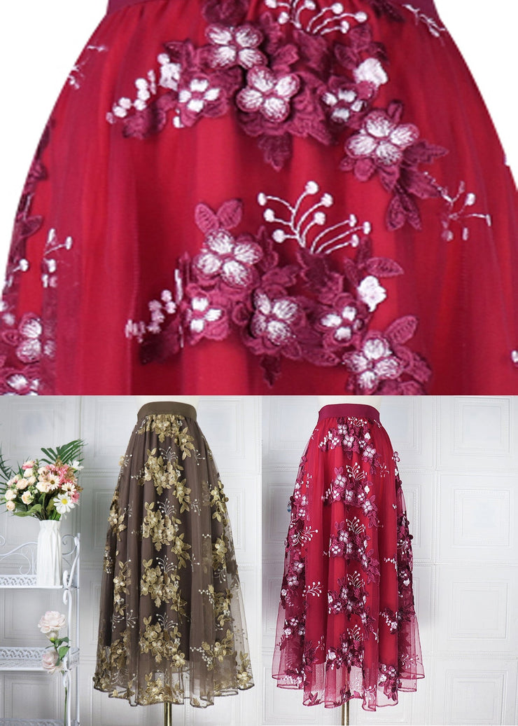 Chocolate Embroideried Floral High Waist Tulle A Line Skirt Spring