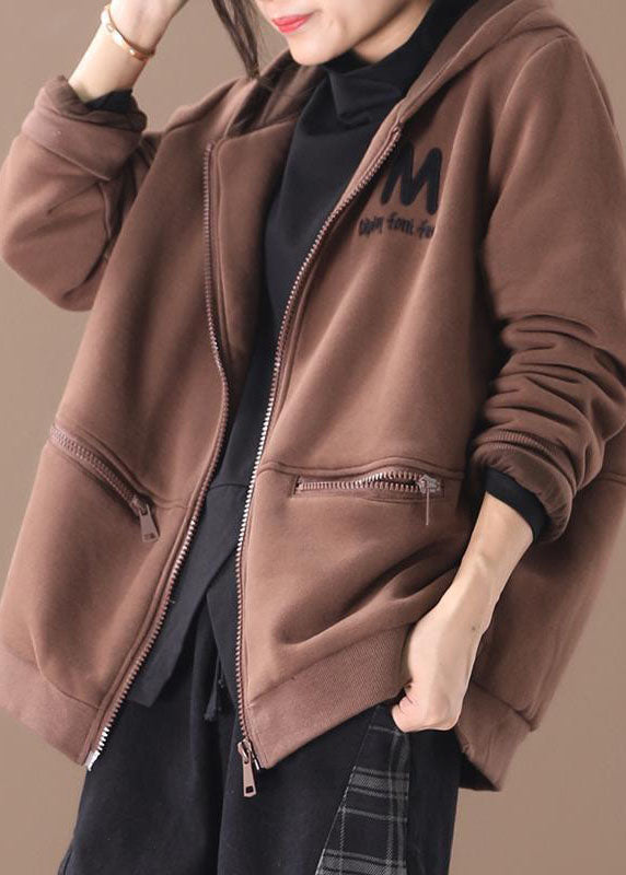 Chocolate Embroideried Warm Fleece Coats Hooded Zip Up Winter