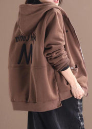 Chocolate Embroideried Warm Fleece Coats Hooded Zip Up Winter