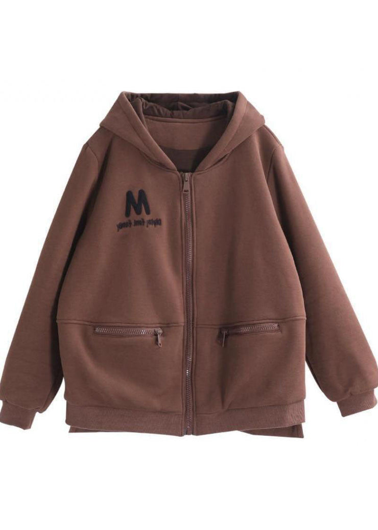 Chocolate Embroideried Warm Fleece Coats Hooded Zip Up Winter