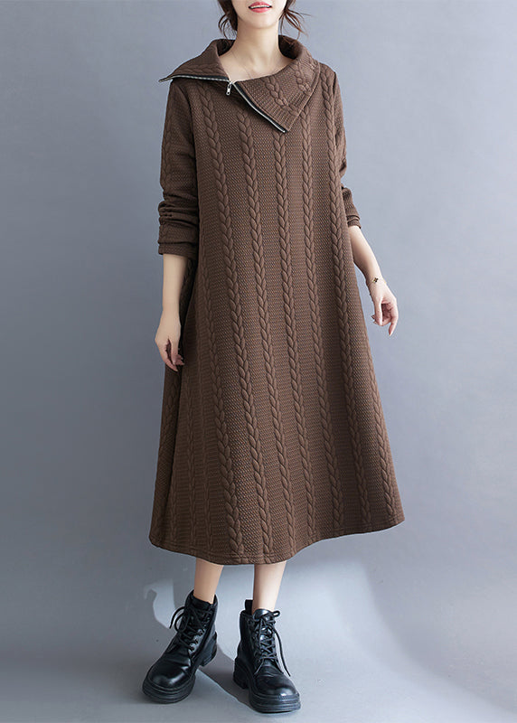 Coffee Fashion Cotton Long Dresses Asymmetrical Hign Neck Fall