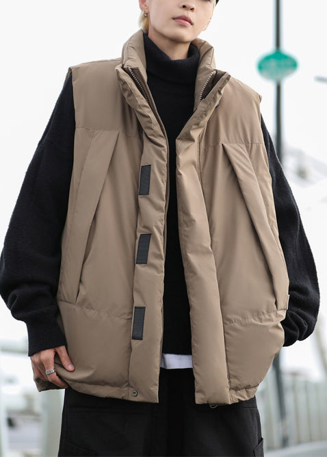 Coffee Fine Cotton Filled Mens Puffers Vests Oversized Drawstring Winter