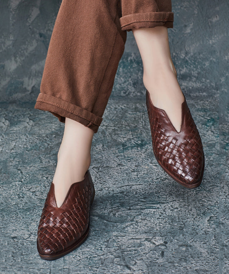 Coffee Flat Shoes For Retro Cowhide Leather Pointed Toe