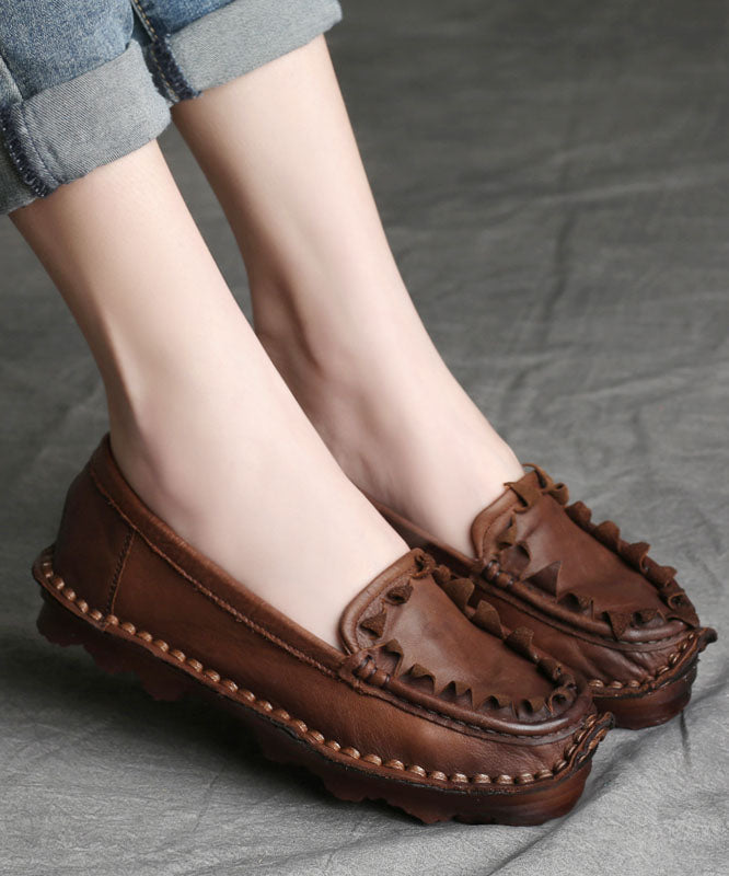 Coffee Flat Shoes For Women Splicing Cowhide Leather Vintage