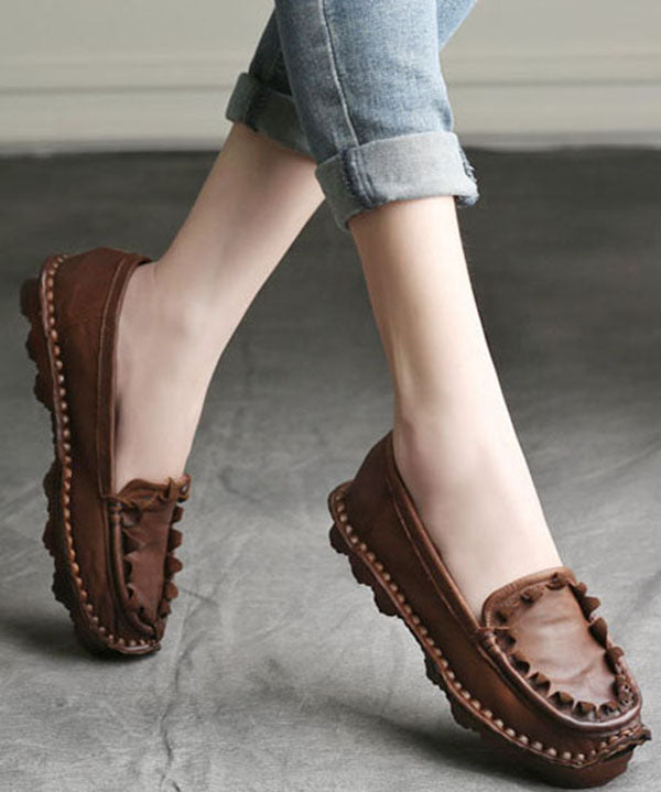 Coffee Flat Shoes For Women Splicing Cowhide Leather Vintage