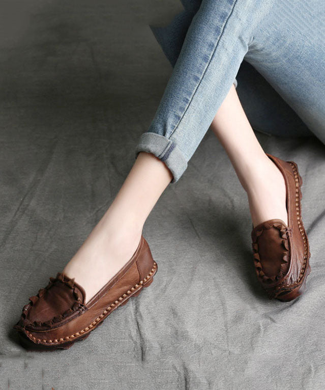 Coffee Flat Shoes For Women Splicing Cowhide Leather Vintage