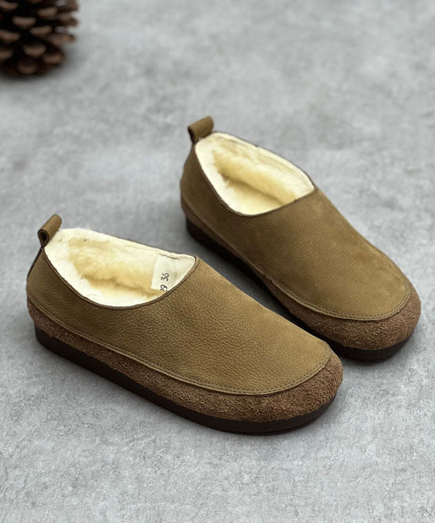 Chocolate Flats Cowhide Leather Casual Fuzzy Wool Lined Flats