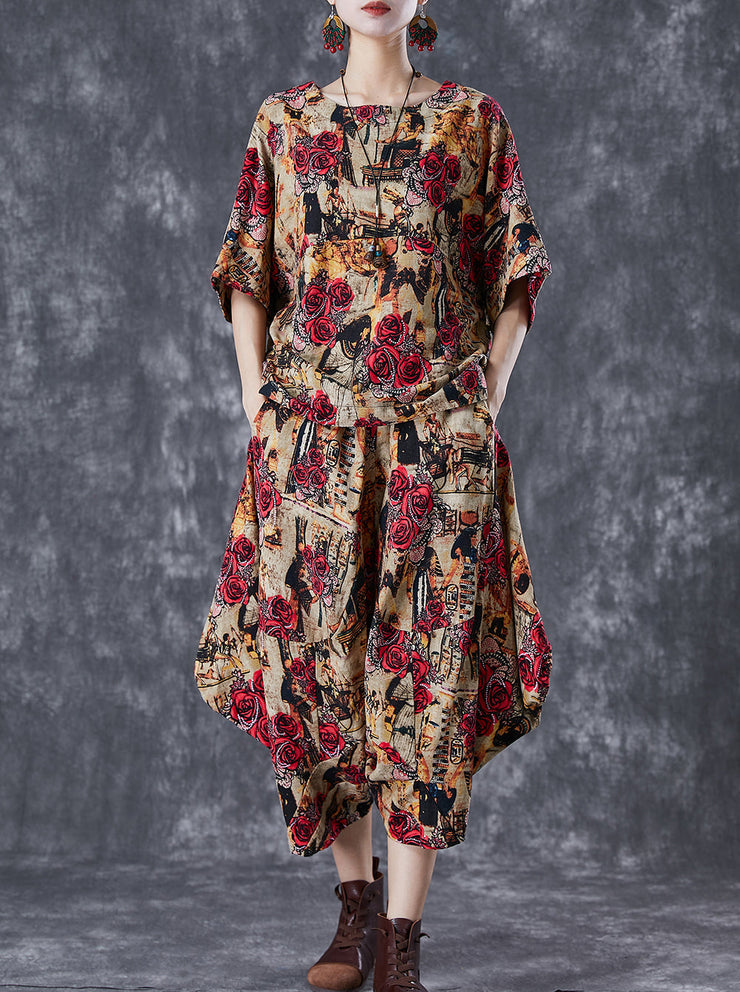 Coffee Floral Cotton Two Piece Suit Set Asymmetrical Oversized Summer