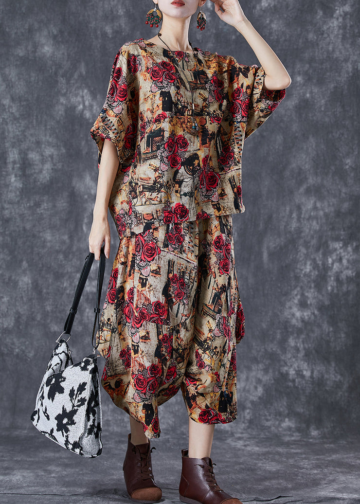 Coffee Floral Cotton Two Piece Suit Set Asymmetrical Oversized Summer