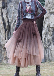 Coffee Floral Tulle Skirts Asymmetrical Exra Large Hem Spring