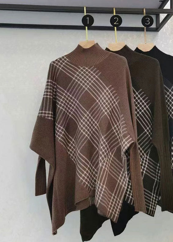 Chocolate Green Warm Plaid Knitted Tops Asymmetrical Design Batwing Sleeve