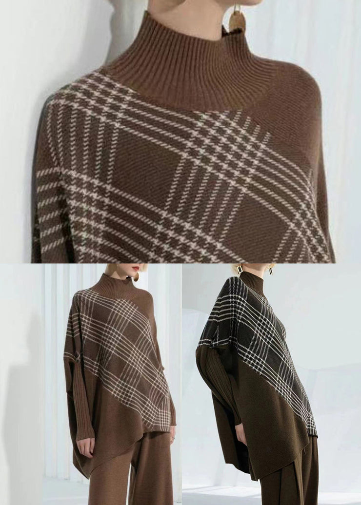 Chocolate Green Warm Plaid Knitted Tops Asymmetrical Design Batwing Sleeve