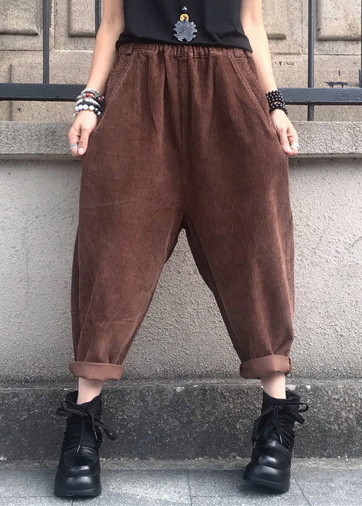 Coffee High Waist Patchwork Corduroy Harem Pants Pockets Fall