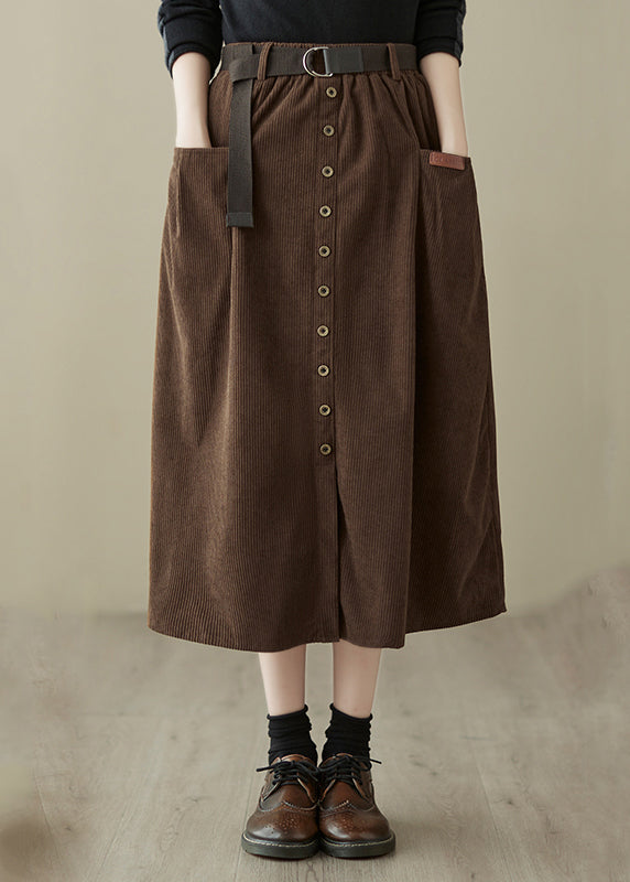 Coffee High Waist Patchwork Corduroy Skirts Pockets Spring