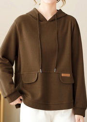 Coffee Hooded Patchwork Simple Cotton Pullover Streetwear Fall