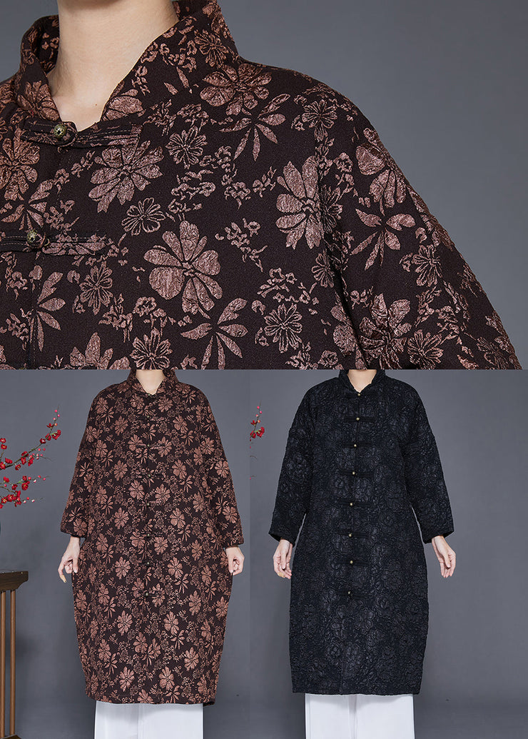 Coffee Jacquard Warm Fine Cotton Filled Women Witner Coats Chinese Button