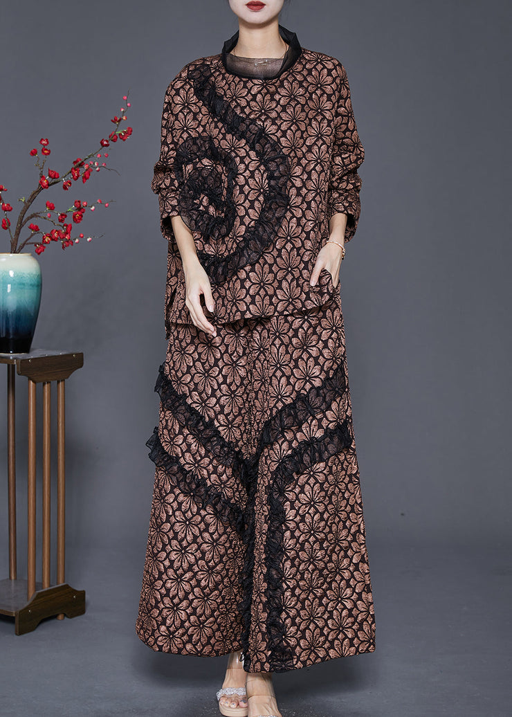 Coffee Jacquard Warm Fleece Two Piece Set Women Clothing Ruffled Winter