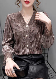 Chocolate Lace Silk Velour Blouses V Neck Button Long Sleeve