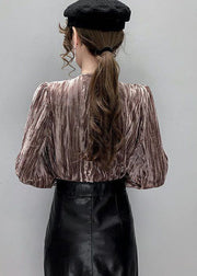 Chocolate Lace Silk Velour Blouses V Neck Button Long Sleeve