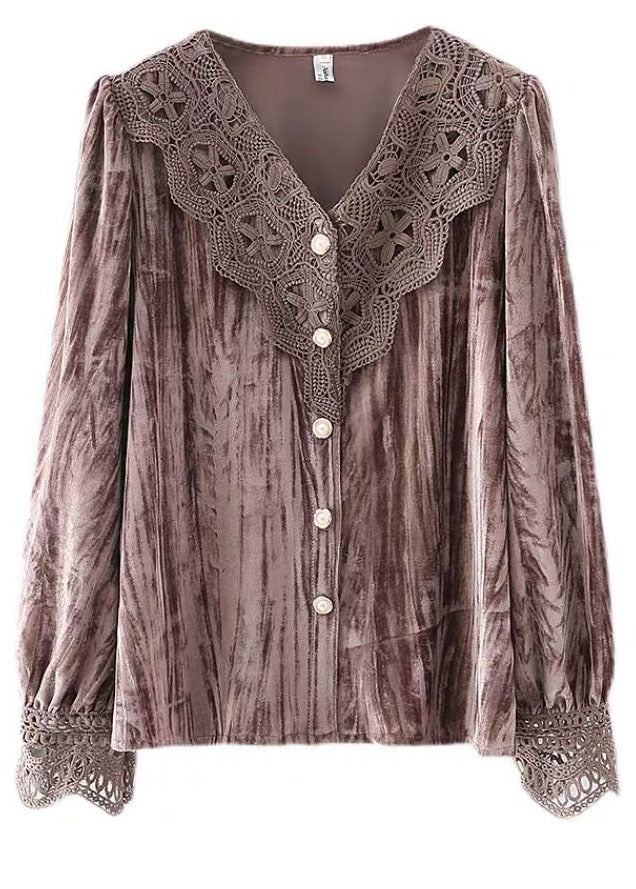 Chocolate Lace Silk Velour Blouses V Neck Button Long Sleeve