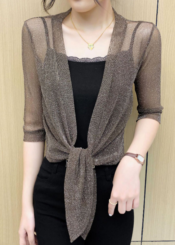 Coffee Lace Up Tulle Cardigan V Neck Half Sleeve