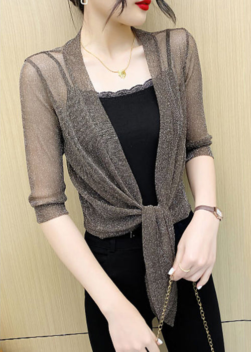 Coffee Lace Up Tulle Cardigan V Neck Half Sleeve