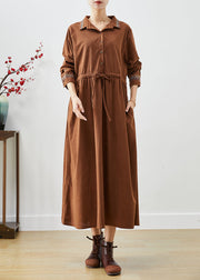 Coffee Loose Corduroy Long Dress Cinched Embroidered Fall