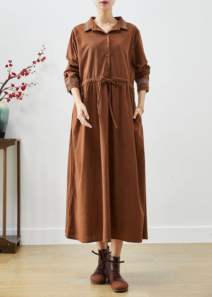 Coffee Loose Corduroy Long Dress Cinched Embroideried Fall