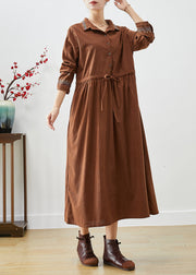 Coffee Loose Corduroy Long Dress Cinched Embroideried Fall