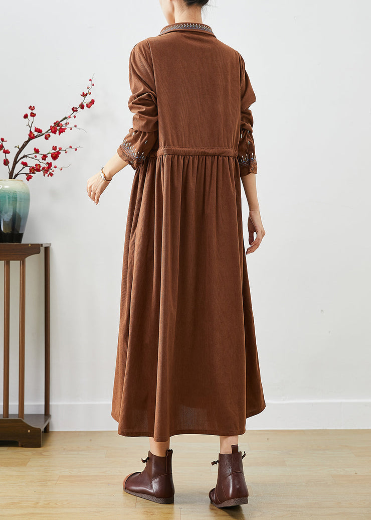 Coffee Loose Corduroy Long Dress Cinched Embroideried Fall