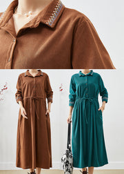 Coffee Loose Corduroy Long Dress Cinched Embroidered Fall