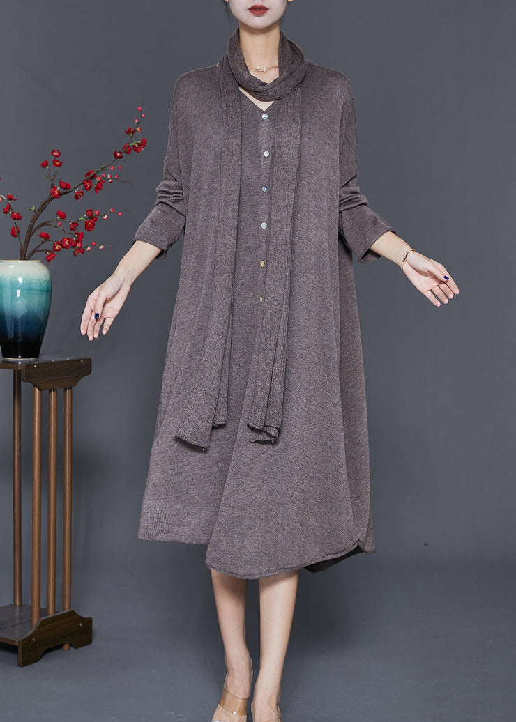 Coffee Loose Knit Dresses Asymmetrical Complimentary Scarf Fall