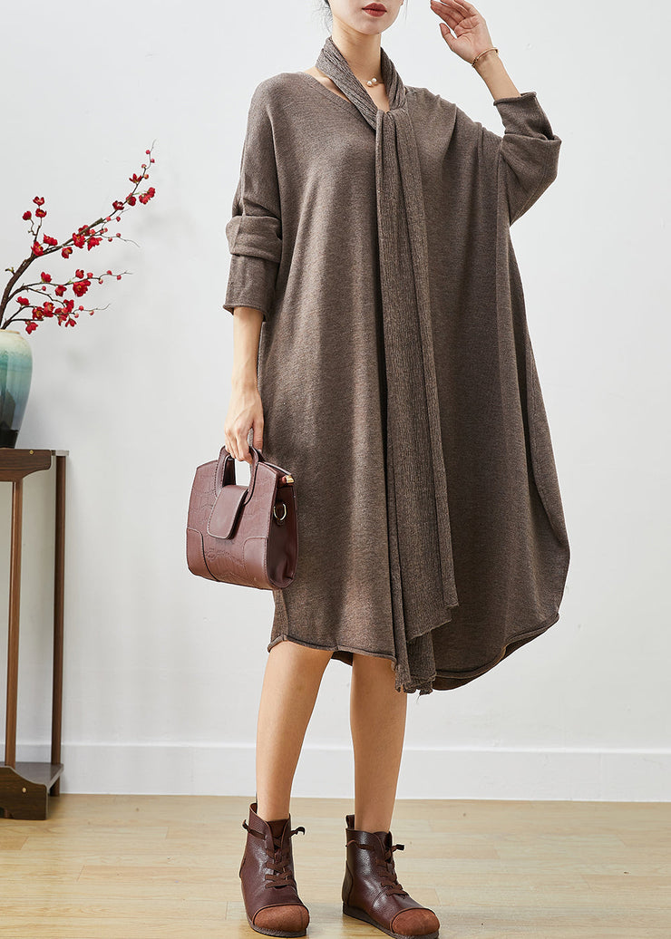 Coffee Loose Knit Maxi Dresses Button Down Complimentary Scarf Fall