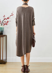 Coffee Loose Knit Maxi Dresses Button Down Complimentary Scarf Fall