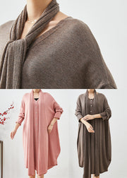 Coffee Loose Knit Maxi Dresses Button Down Complimentary Scarf Fall