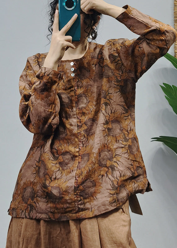 Chocolate Loose Linen Shirt Tops Button Long Sleeve