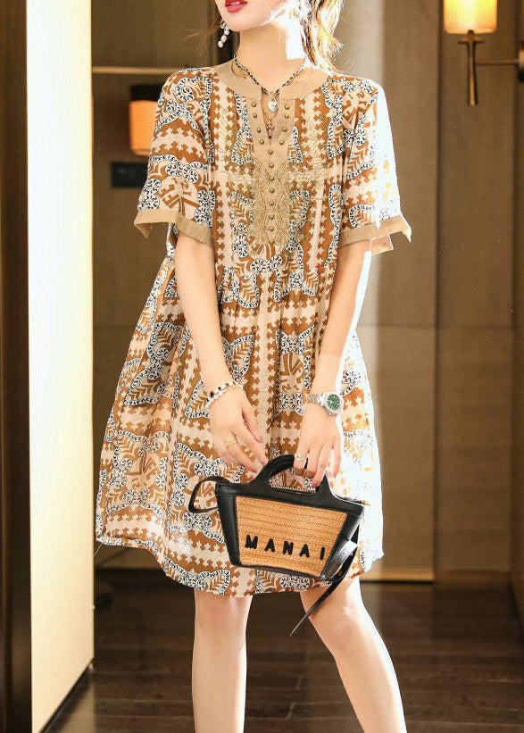 Coffee Nail Bead Party Chiffon Long Dress Short Sleeve