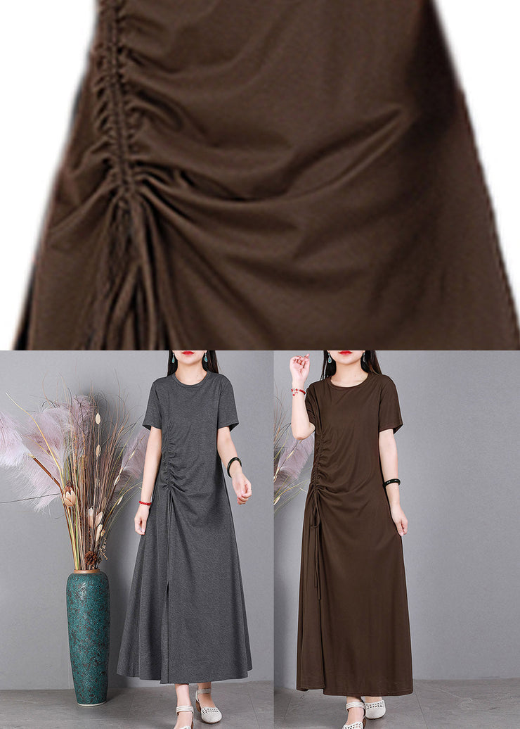 Chocolate O-Neck Cinched Cotton Long Dress Short Sleeve