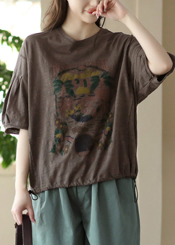 Coffee O-Neck Patchwork Cozy Cotton T Shirt Summer