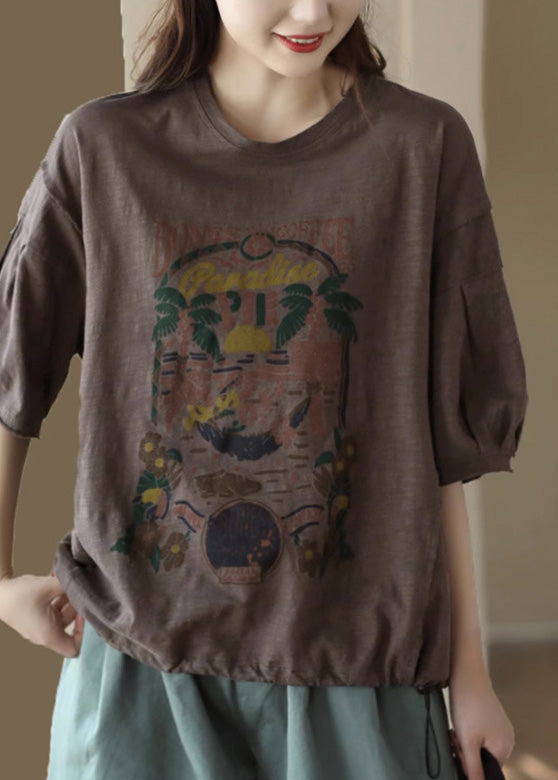 Coffee O-Neck Patchwork Cozy Cotton T Shirt Summer