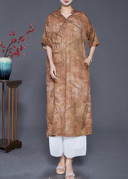 Coffee Oversized Linen Gown Dresses Chinese Button Side Open Summer