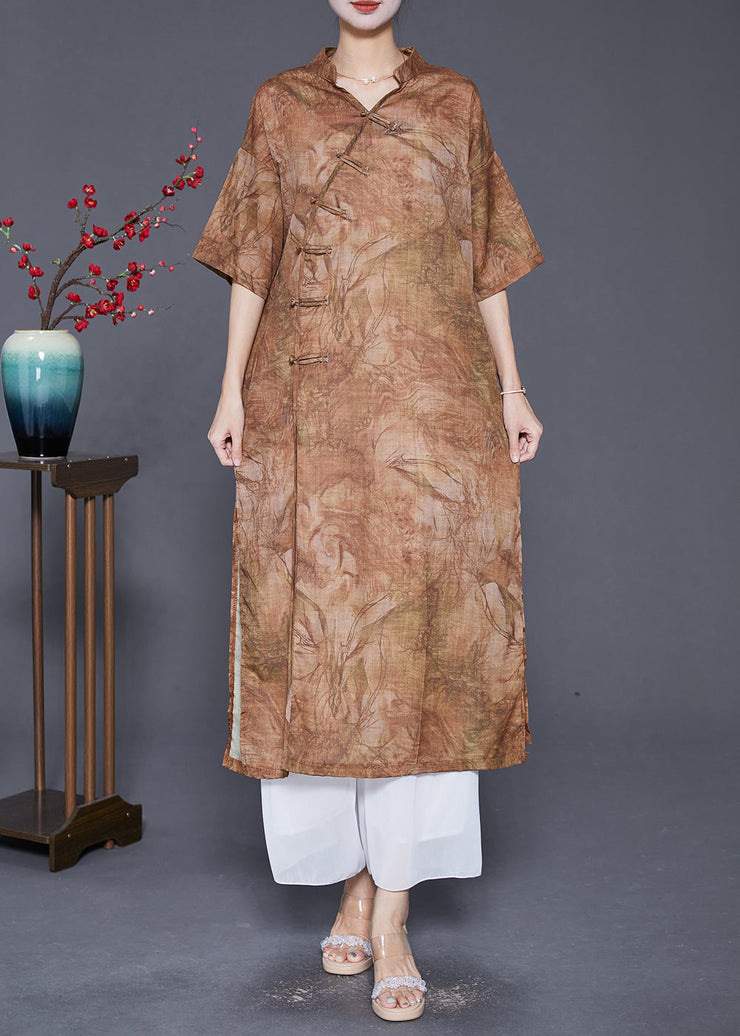 Coffee Oversized Linen Gown Dresses Chinese Button Side Open Summer