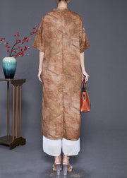 Coffee Oversized Linen Gown Dresses Chinese Button Side Open Summer